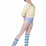 Sansha Leg Warmer in Lavender, White, and Dark Green, lifestyle view showing striped kids' leg warmer