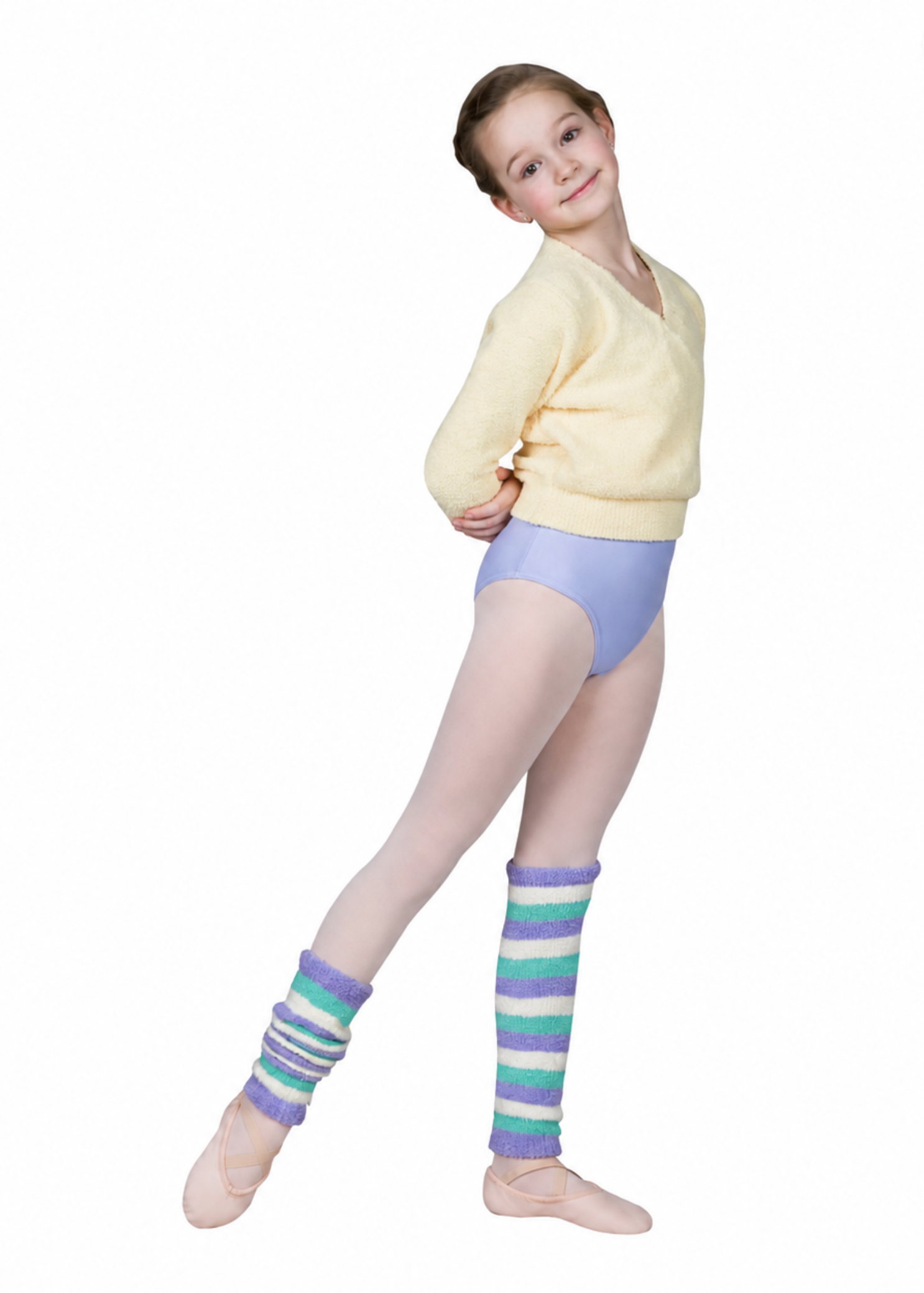Sansha Leg Warmer in Lavender, White, and Dark Green, lifestyle view showing striped kids' leg warmer