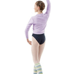 Sansha Leg Warmer in White, Seafoam Green, and Light Blue, lifestyle view showing striped kids' leg warmer