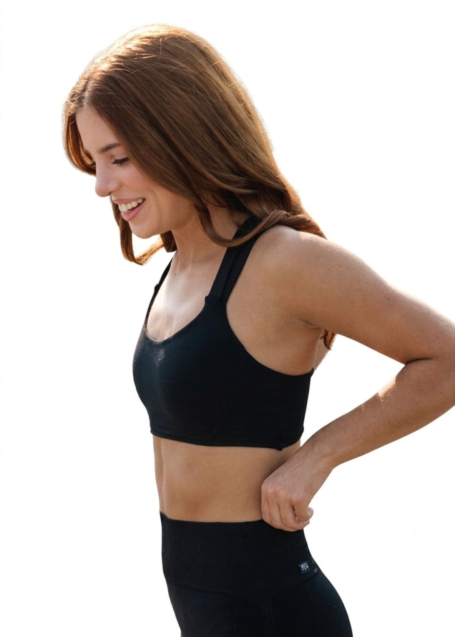 Tiger Friday Let It Slide Crop in Black, side view showing cropped dance top with off-shoulder neckline