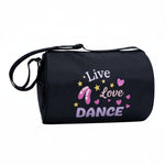 Horizon Designs microfiber dance duffel in metallic print, front view showing Dance logo, zip closure, zippered end pocket, and adjustable shoulder strap