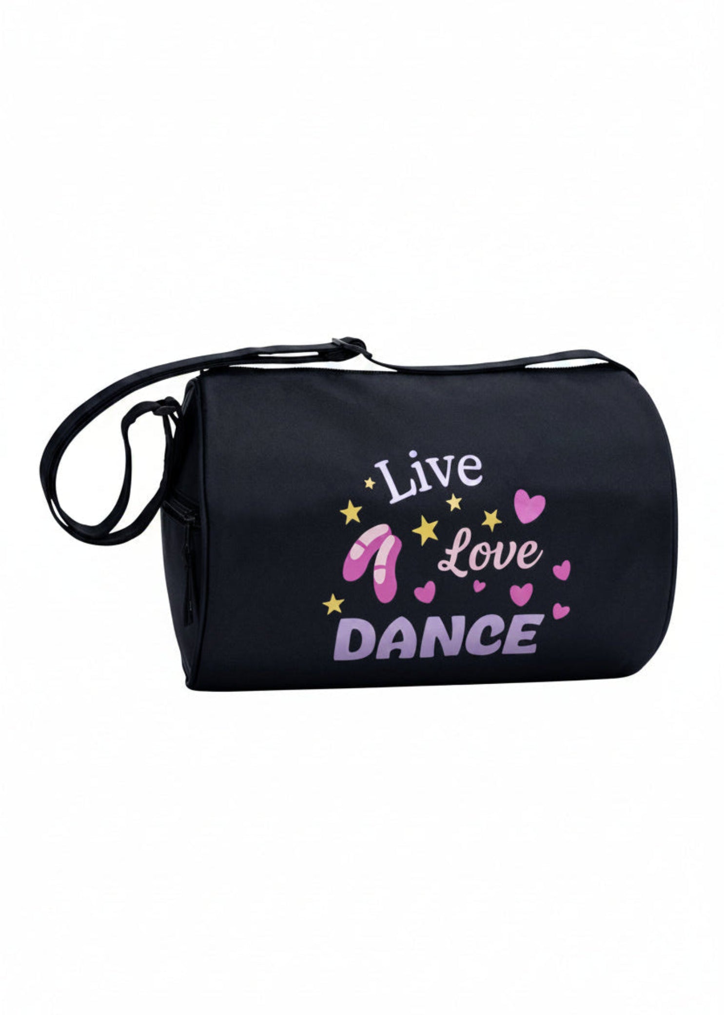 Horizon Designs microfiber dance duffel in metallic print, front view showing Dance logo, zip closure, zippered end pocket, and adjustable shoulder strap