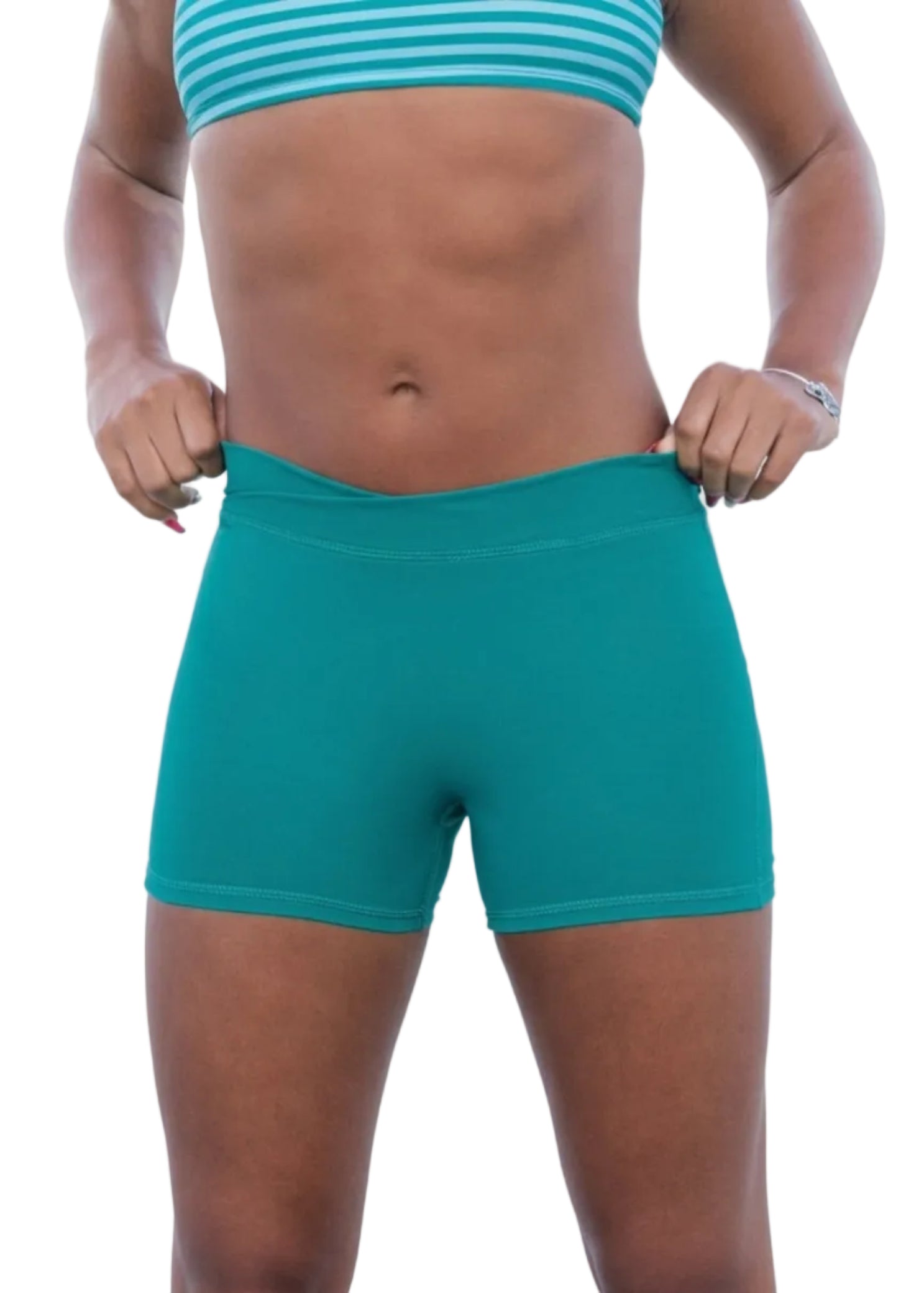 Tiger Friday Low Rider Shorties in Emerald, front view showing fitted dance shorts with crossover waistband