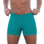 Tiger Friday Low Rider Shorty in Emerald, front view showing fitted dance shorts with crossover waistband