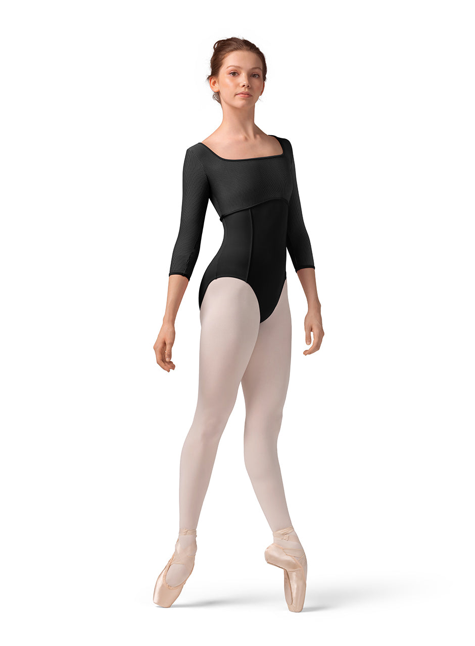 Mesh 3/4 Sleeve Leotard Black front view