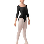 Mesh 3/4 Sleeve Leotard Black front view