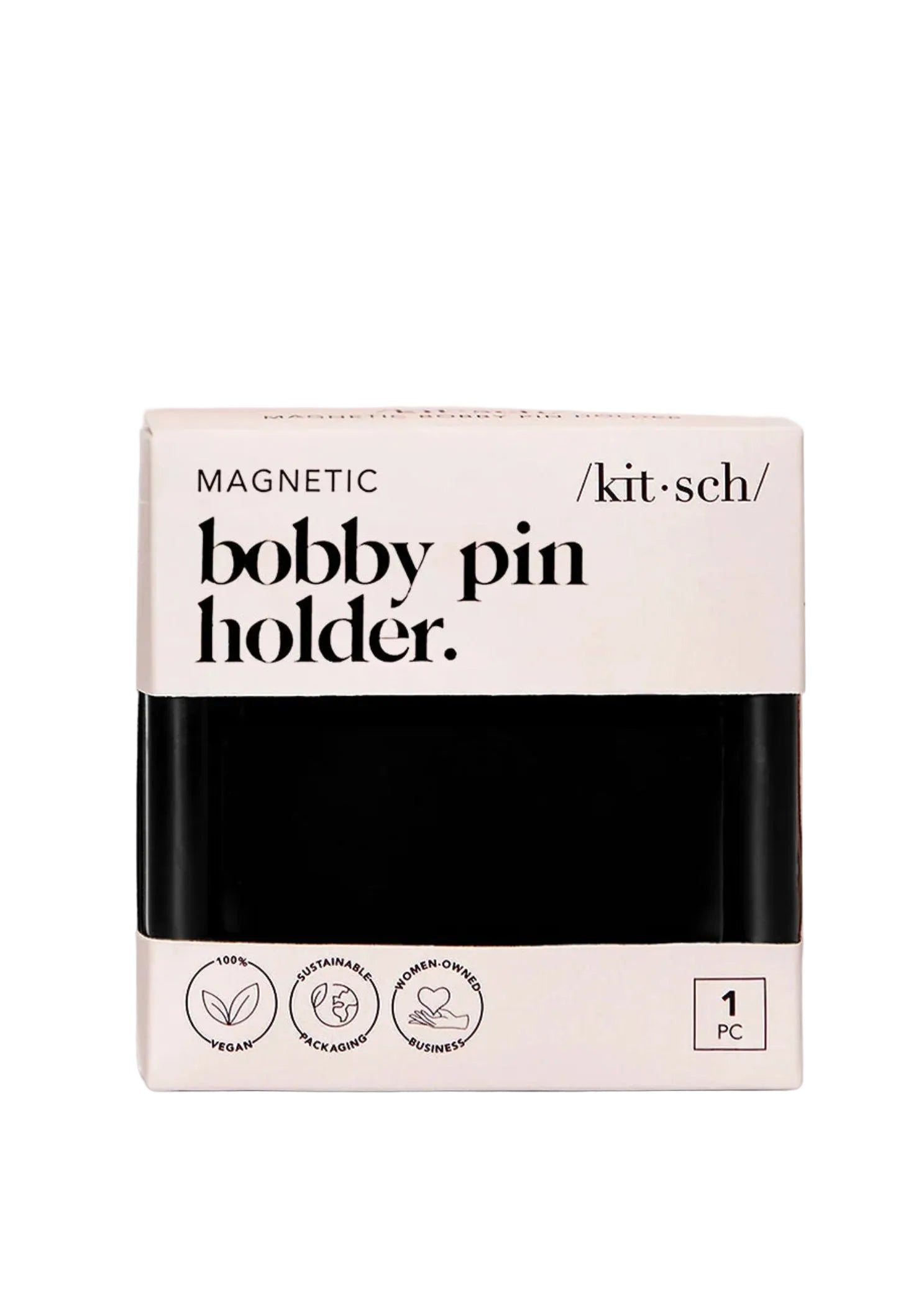 Kitsch Magnetic Bobby Pin Holder in Black, packaging view showing retail box and magnetic tray