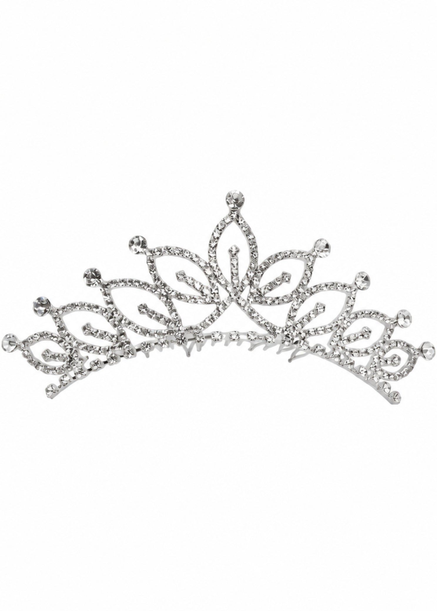 FH2 Medium Rhinestone Tiara in Silver, front view showing silver-tone tiara with clear rhinestone pave band