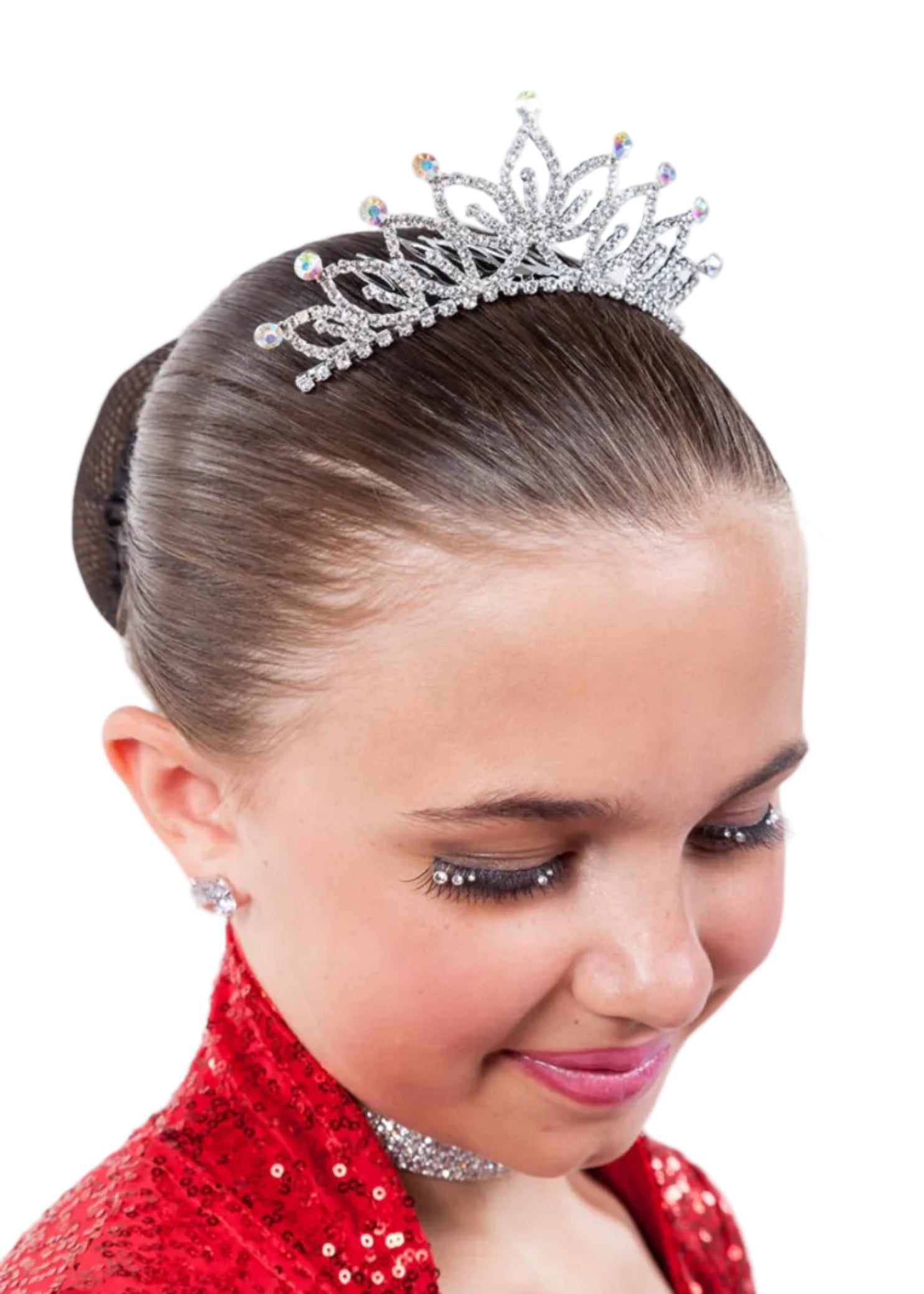 FH2 Medium Rhinestone Tiara in Silver, lifestyle view showing silver rhinestone tiara worn in an updo