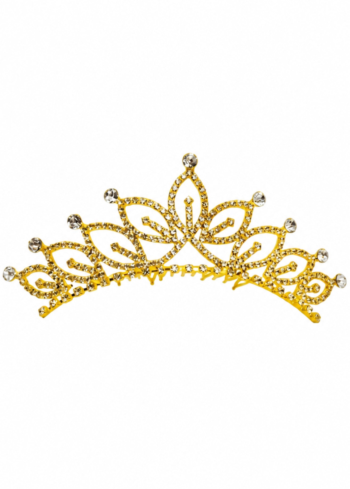 FH2 Medium Rhinestone Tiara in Gold, front view showing gold-tone tiara with clear rhinestone pave band