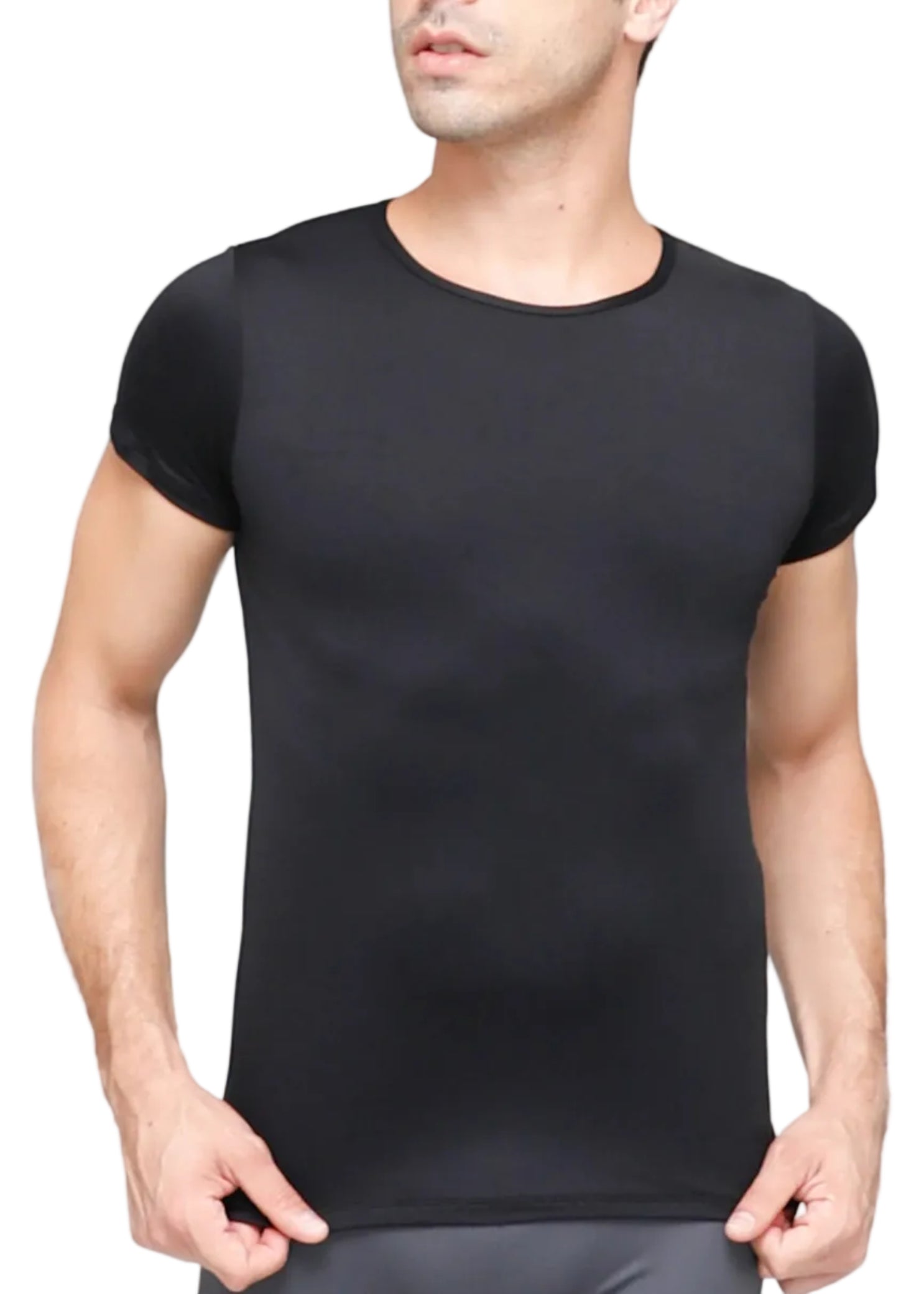 Bodywrappers Nylon/Spandex Men's Short Sleeve Shirt in Black, front view showing short sleeves and straight hem