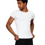 Bodywrappers Nylon/Spandex Men's Short Sleeve Shirt in White, front view showing scoop neckline and snug fit