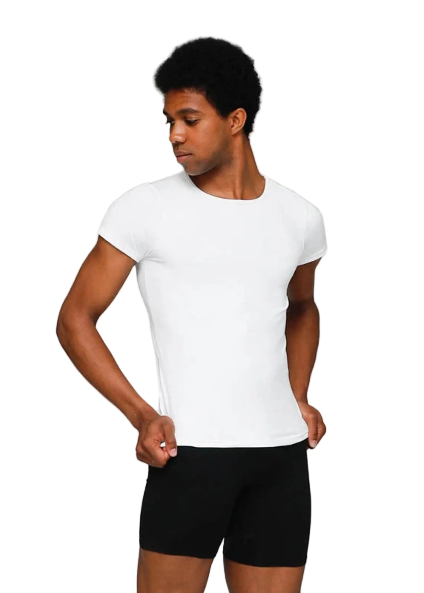 Bodywrappers Nylon/Spandex Men's Short Sleeve Shirt in White, front view showing scoop neckline and snug fit