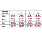 Bodywrappers Men's Short Sleeve Shirt, size guide showing chest, waist, girth and seat measurements for S-XL