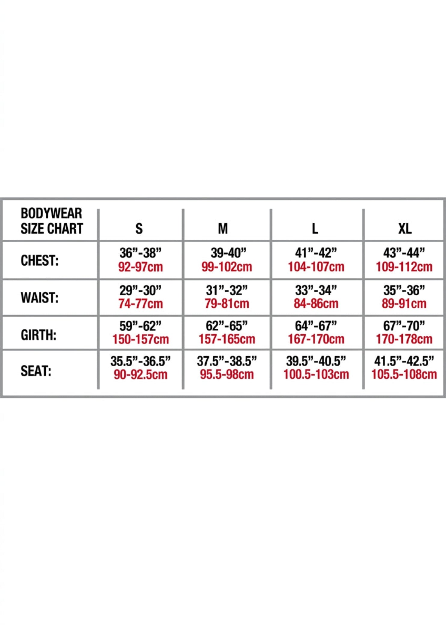 Bodywrappers Men's Short Sleeve Shirt, size guide showing chest, waist, girth and seat measurements for S-XL