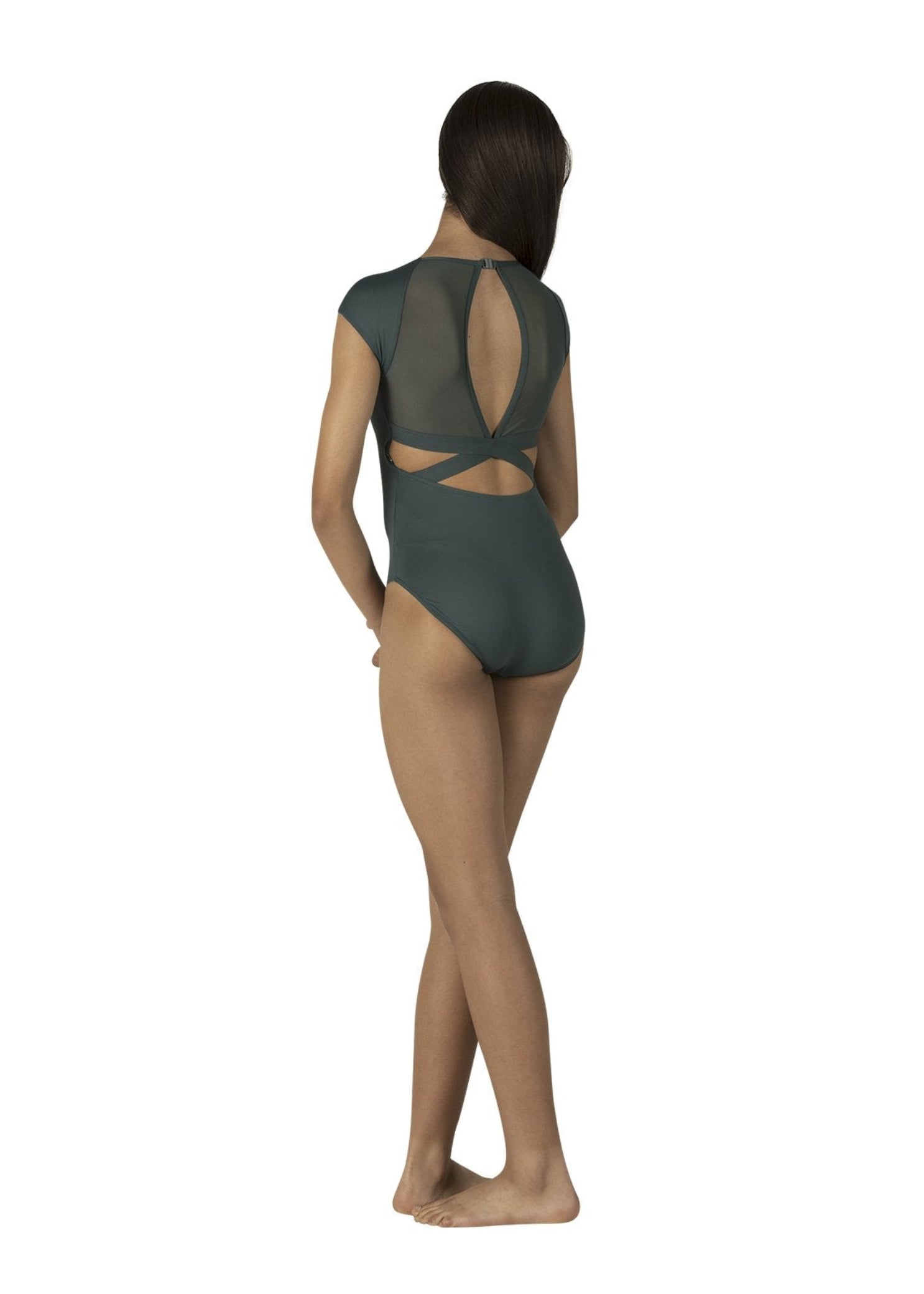 Mesh Cap Sleeve Leotard Botanical Green back view