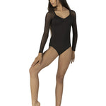 Mesh Long Sleeve Leotard Black front view