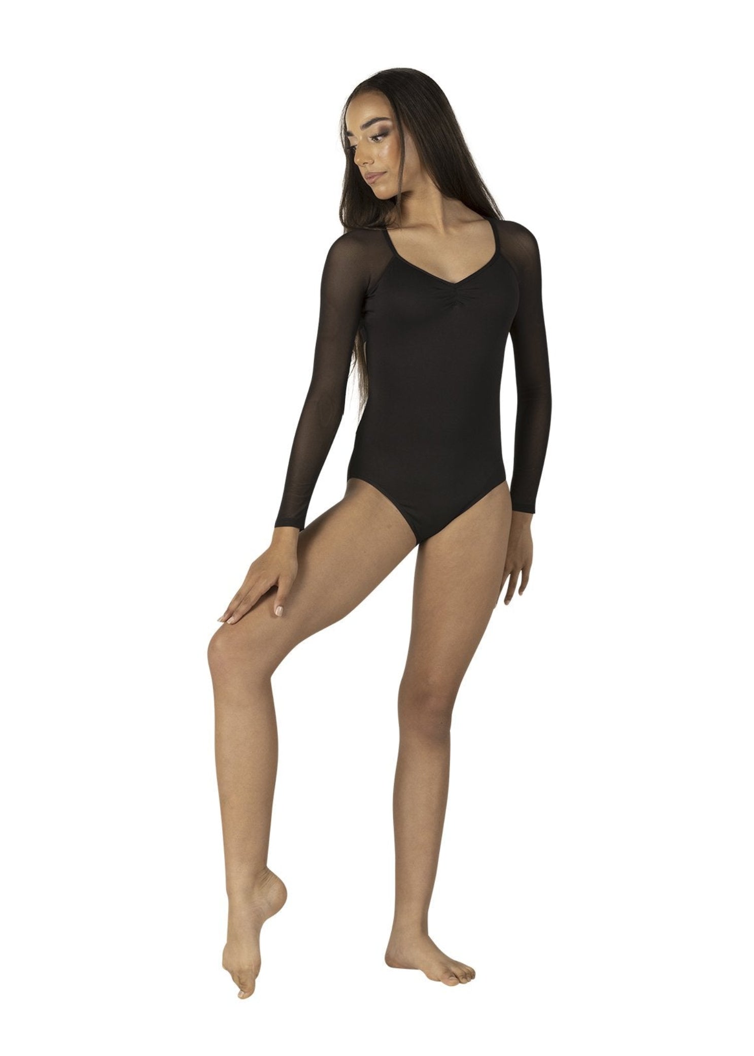 Mesh Long Sleeve Leotard Black front view