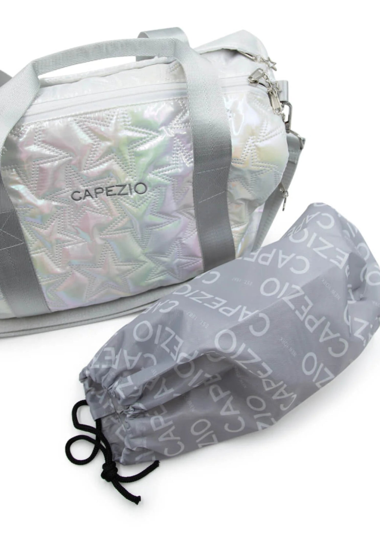 Capezio Metallic Star Duffle in Metallic Silver, detail view showing bag contents and included accessories