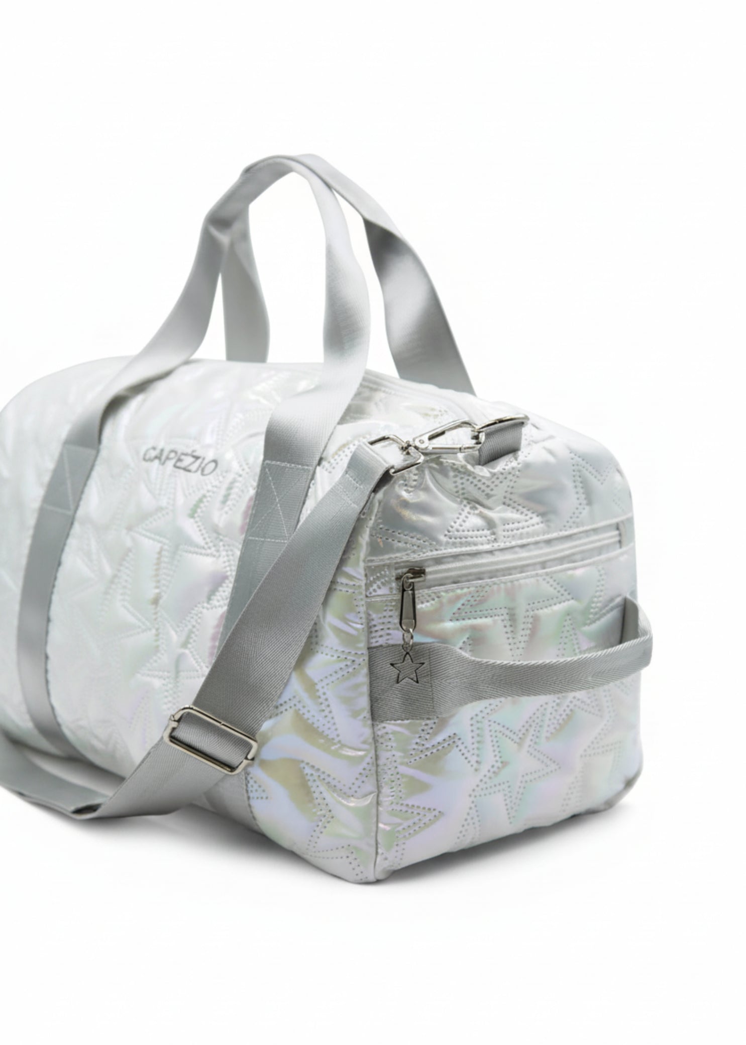 Capezio Metallic Star Duffle in Metallic Silver, side view showing metallic star print and ventilated shoe compartment