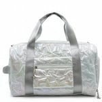 Capezio Metallic Star Duffle in Metallic Silver, back view showing adjustable shoulder strap and zipper closure