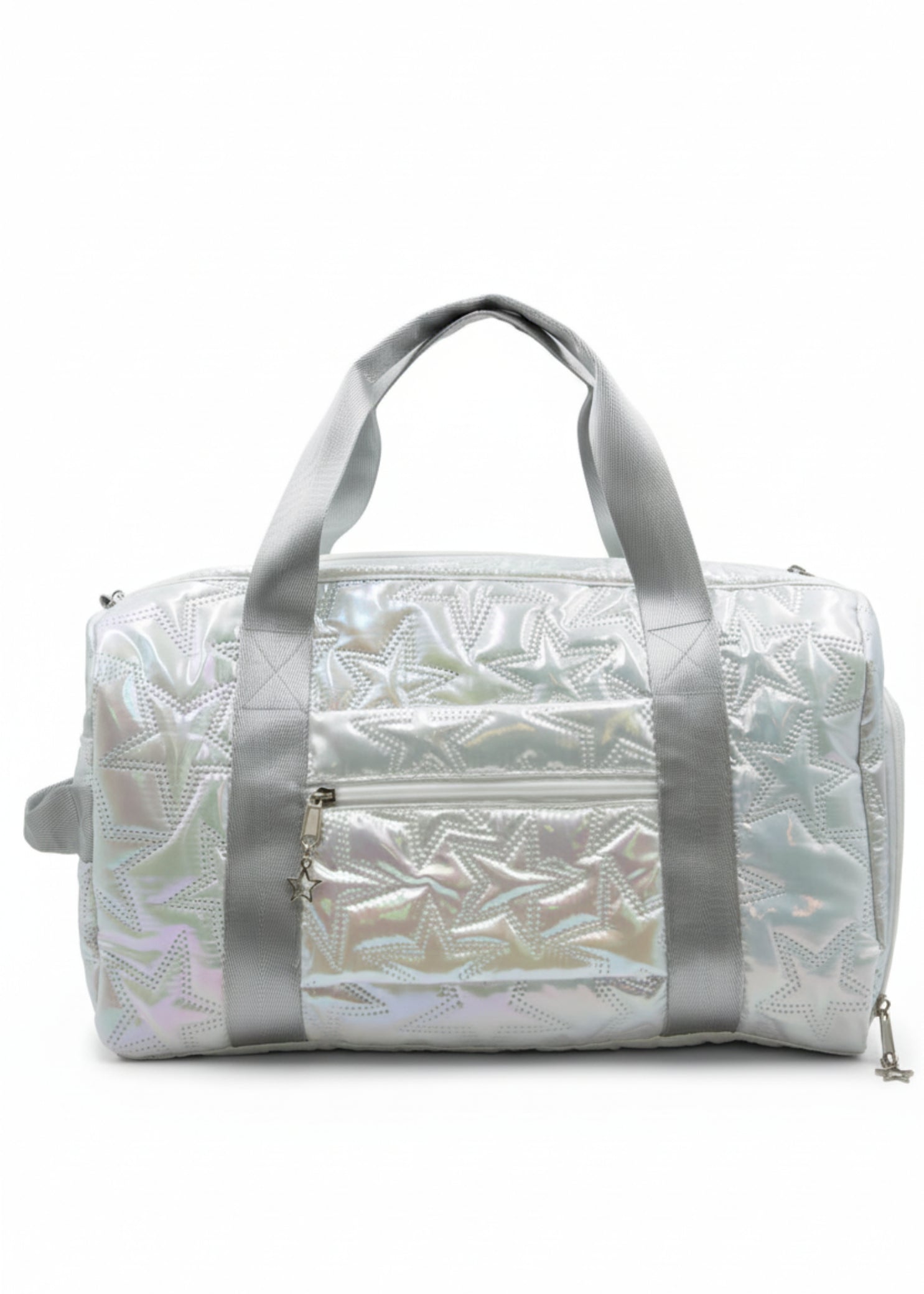 Capezio Metallic Star Duffle in Metallic Silver, back view showing adjustable shoulder strap and zipper closure