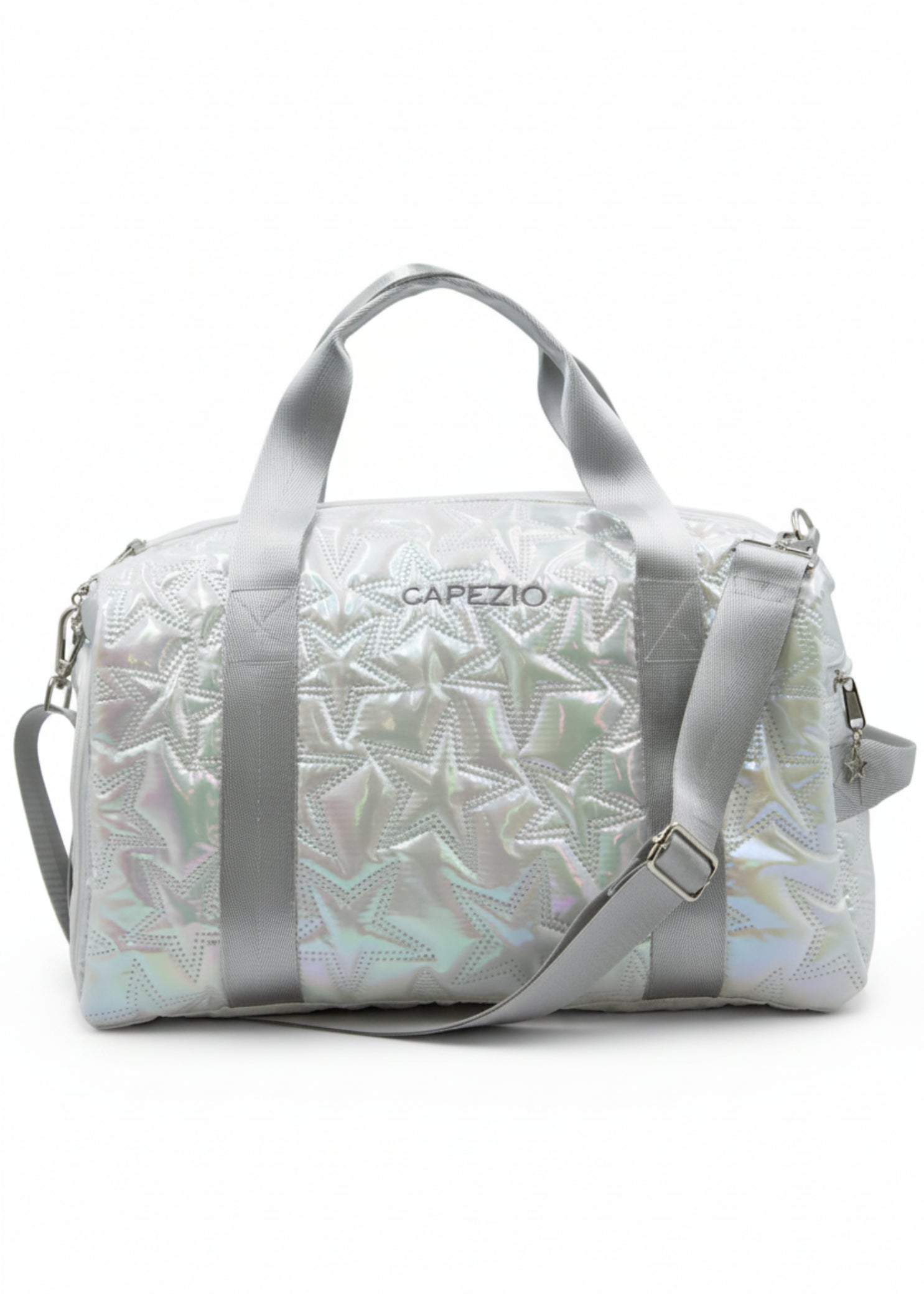 Capezio Metallic Star Duffle in Metallic Silver, front view showing waterproof exterior and tote straps