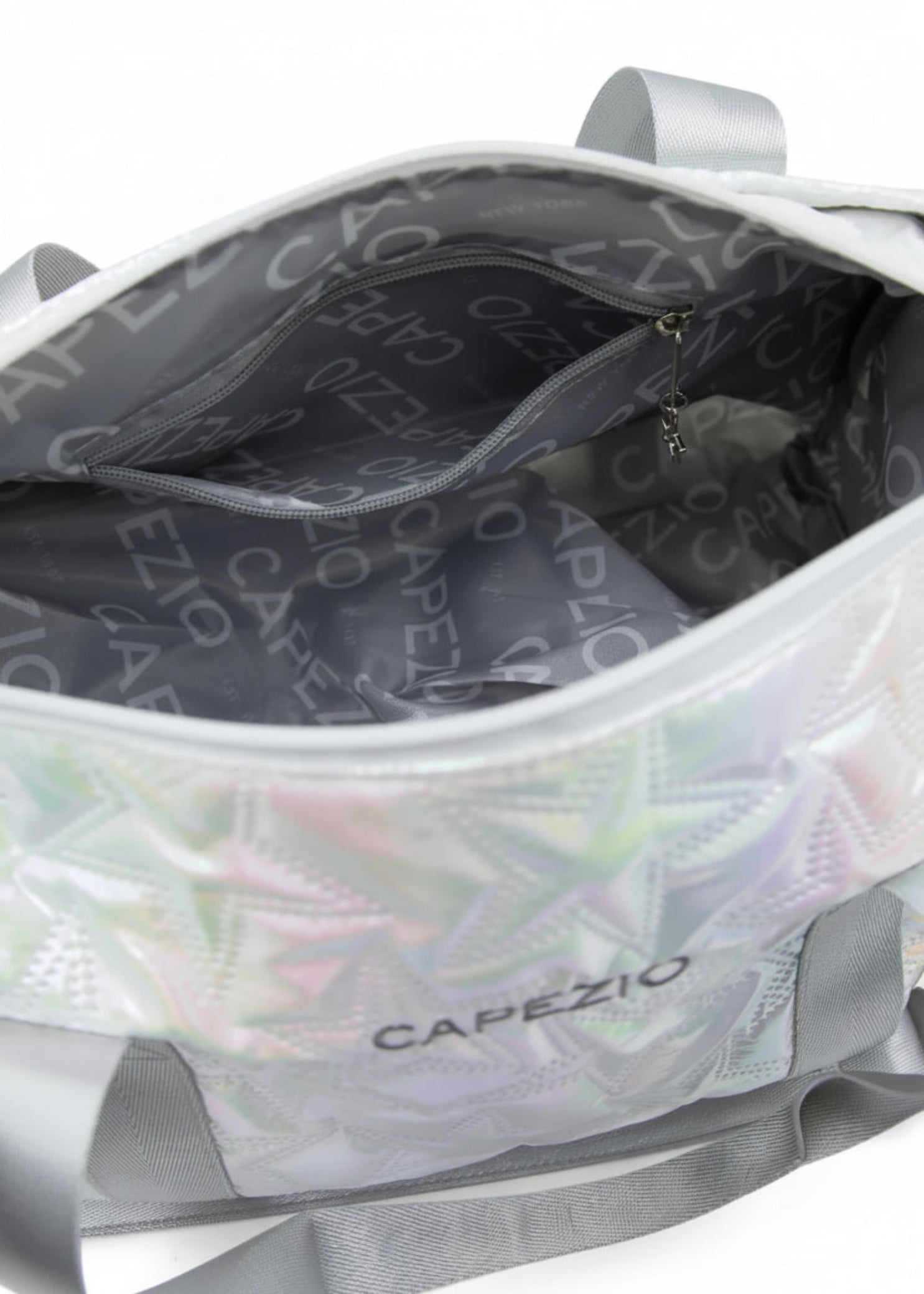 Capezio Metallic Star Duffle in Metallic Silver, interior view showing Capezio logo lining and shoe compartment