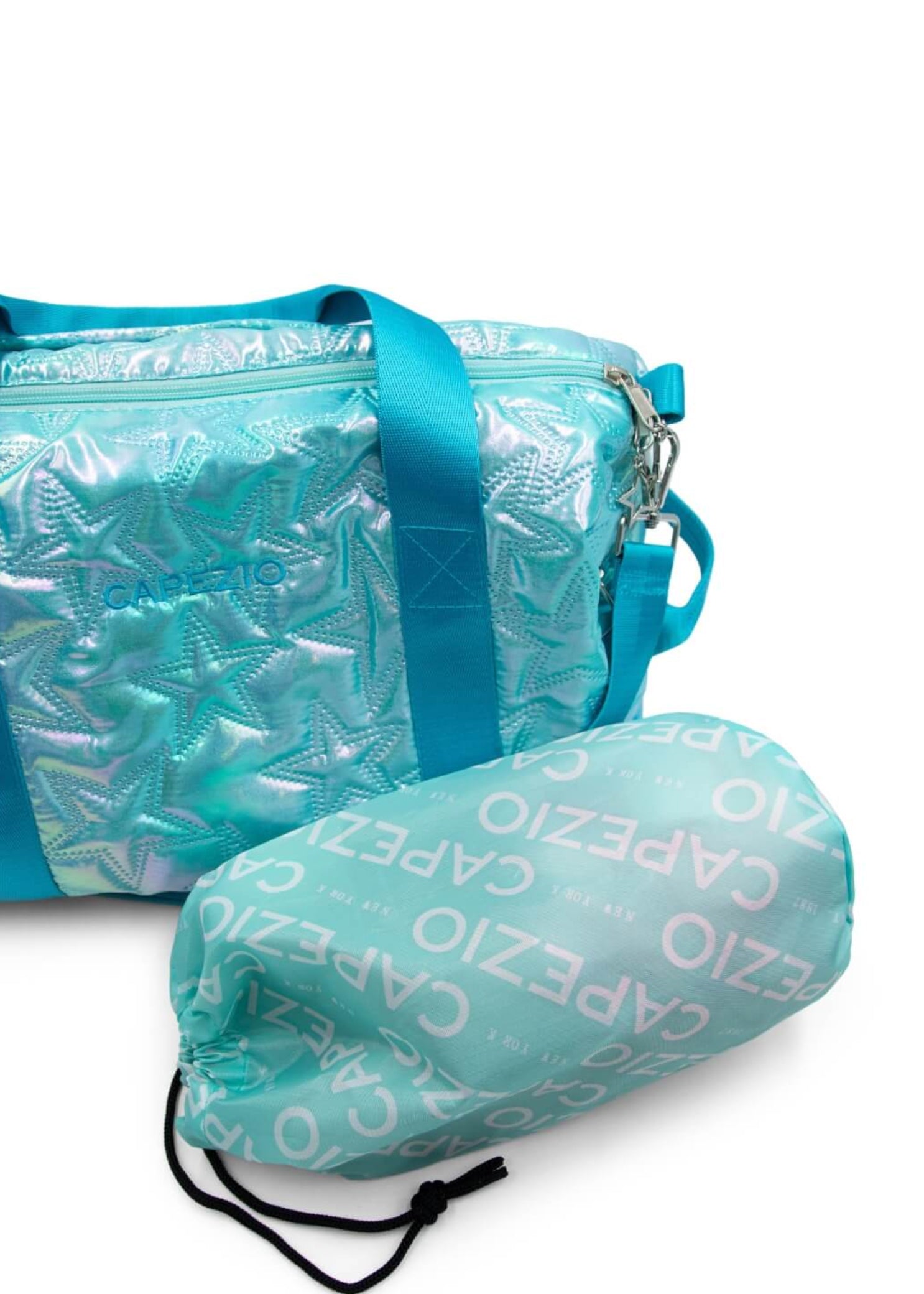 Capezio Metallic Star Duffle in Metallic Turquoise, detail view showing bag contents and included accessories