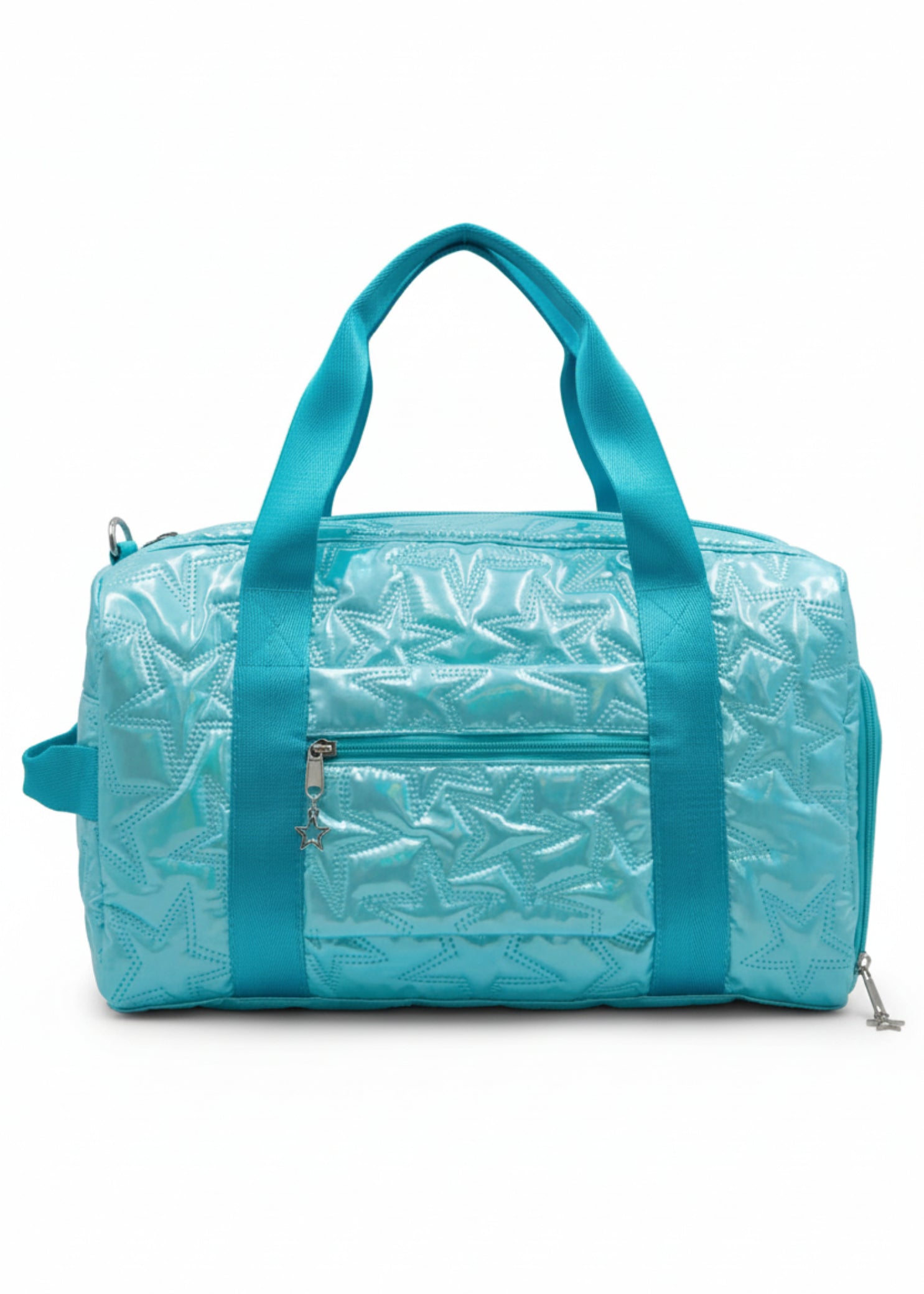 Capezio Metallic Star Duffle in Metallic Turquoise, back view showing adjustable shoulder strap and zipper closure