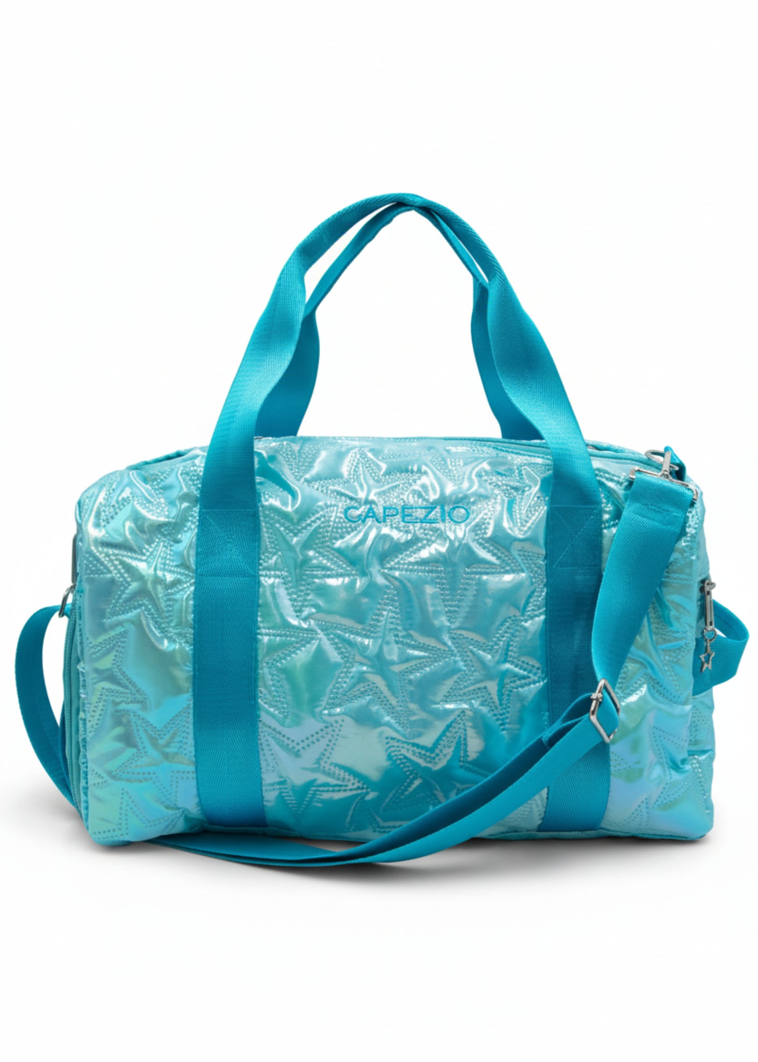 Capezio Metallic Star Duffle in Metallic Turquoise, front view showing waterproof exterior and tote straps