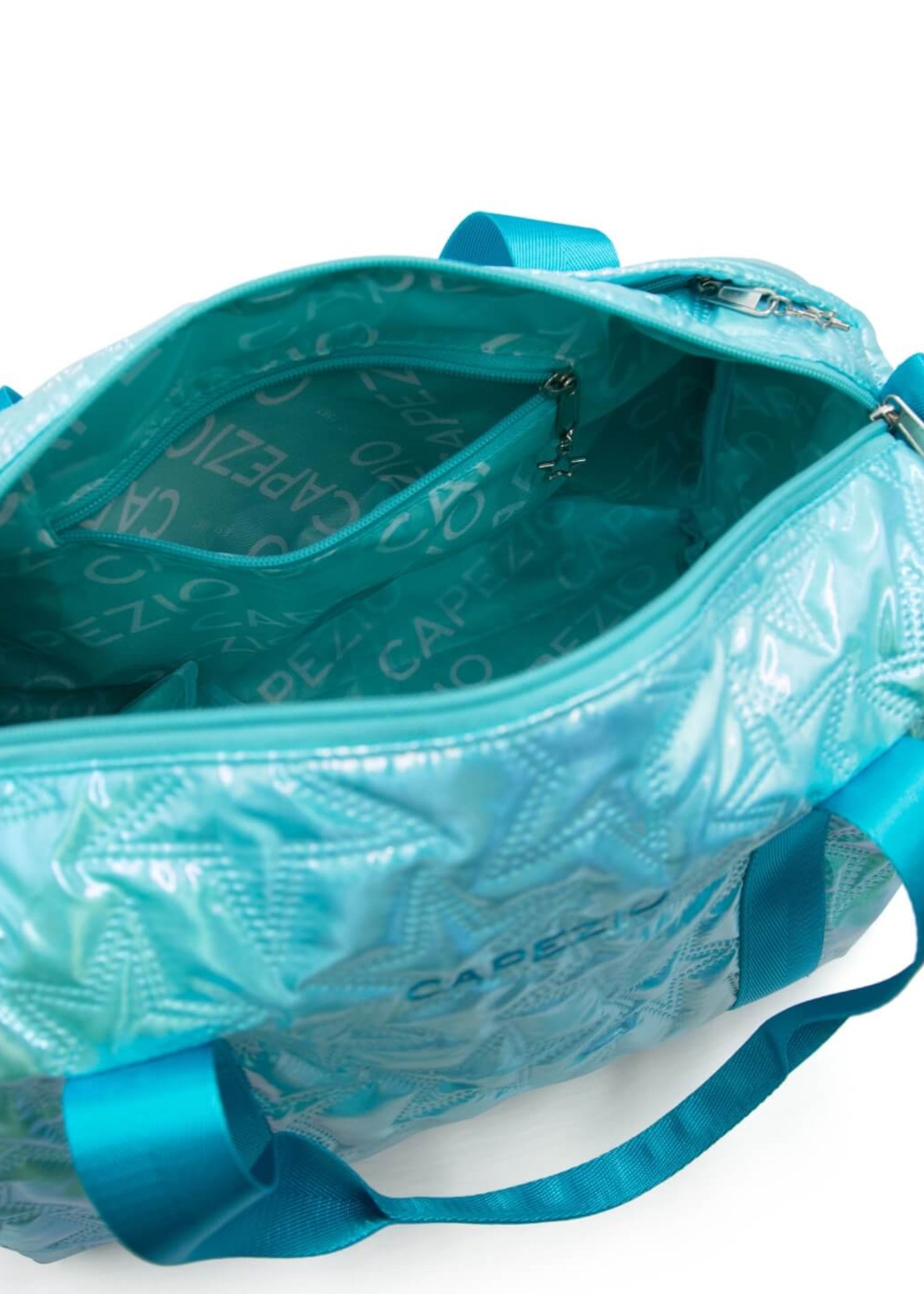 Capezio Metallic Star Duffle in Metallic Turquoise, interior view showing Capezio logo lining and shoe compartment