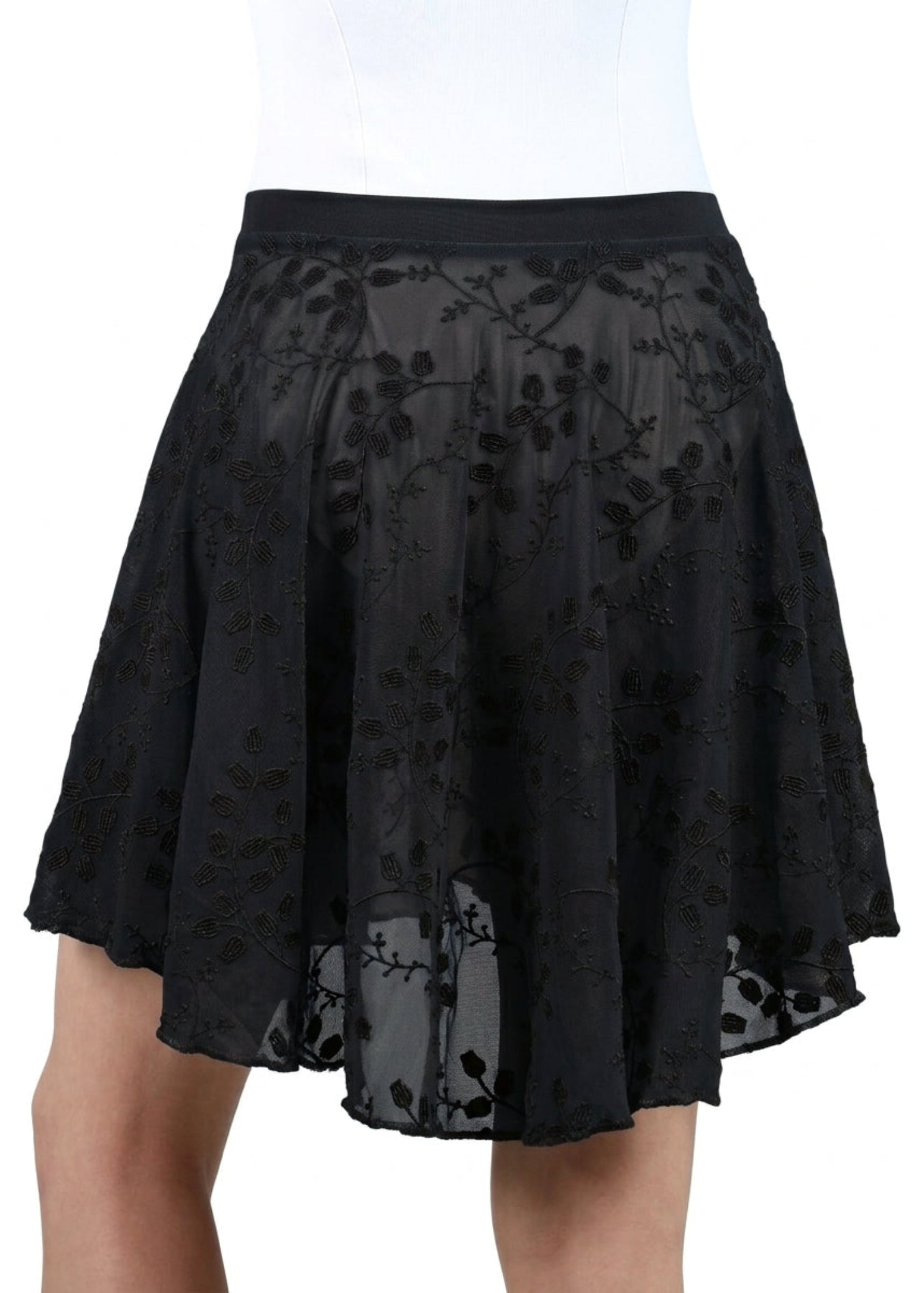 Suffolk Midi Length Skirt in Black, back view showing floral nylon-spandex mesh and smooth pull-on waistband