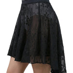 Suffolk Midi Length Skirt in Black, side view showing floral nylon-spandex mesh and flowing high-low hem
