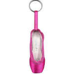 So Danca Satin Mini Pointe Shoe Keychain in Hot Pink, front view showing ribbon loop and metal key ring