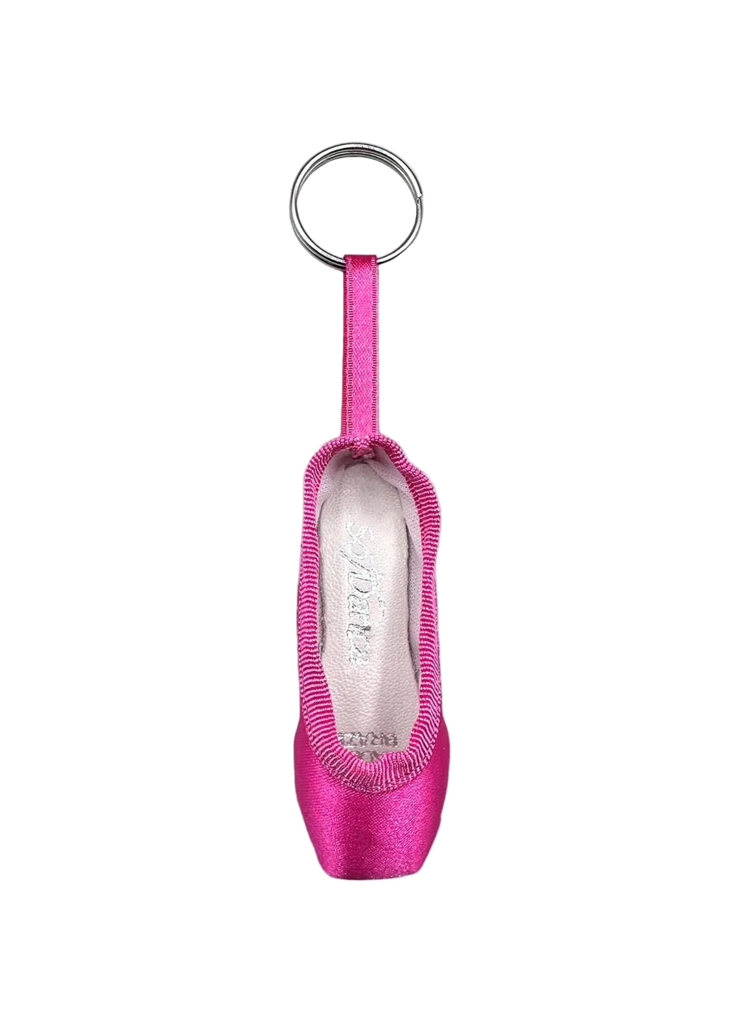 So Danca Satin Mini Pointe Shoe Keychain in Hot Pink, front view showing ribbon loop and metal key ring