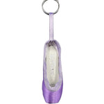 So Danca Satin Mini Pointe Shoe Keychain in Lilac, front view showing ribbon loop and metal key ring