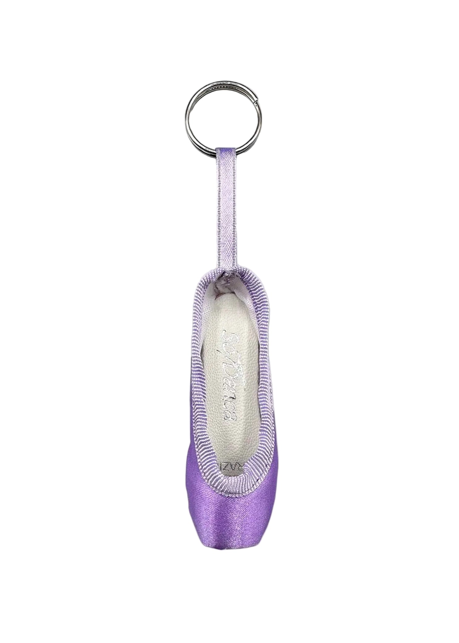 So Danca Satin Mini Pointe Shoe Keychain in Lilac, front view showing ribbon loop and metal key ring