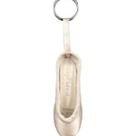 So Danca Satin Mini Pointe Shoe Keychain in Pink, front view showing ribbon loop and metal key ring