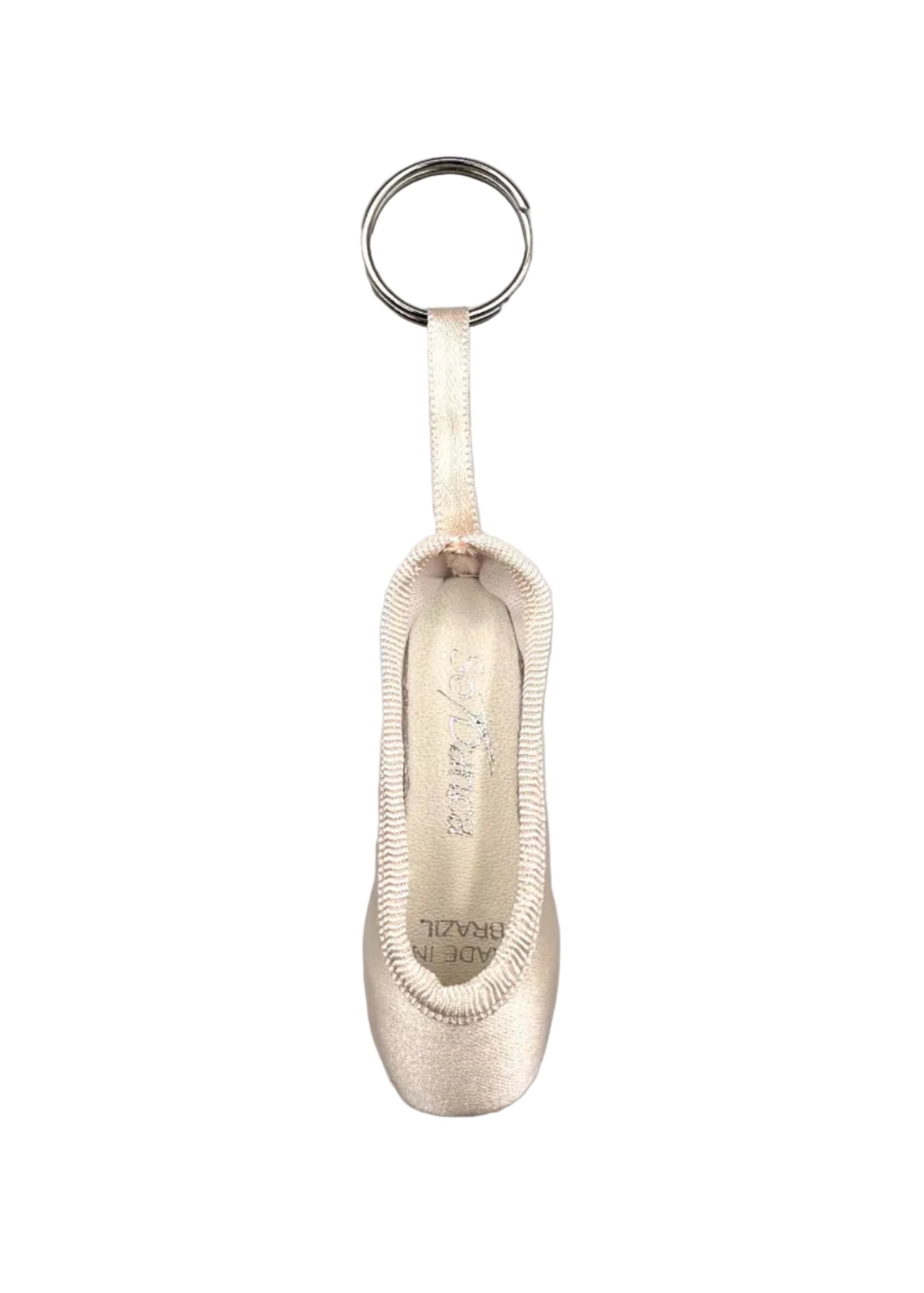 So Danca Satin Mini Pointe Shoe Keychain in Pink, front view showing ribbon loop and metal key ring