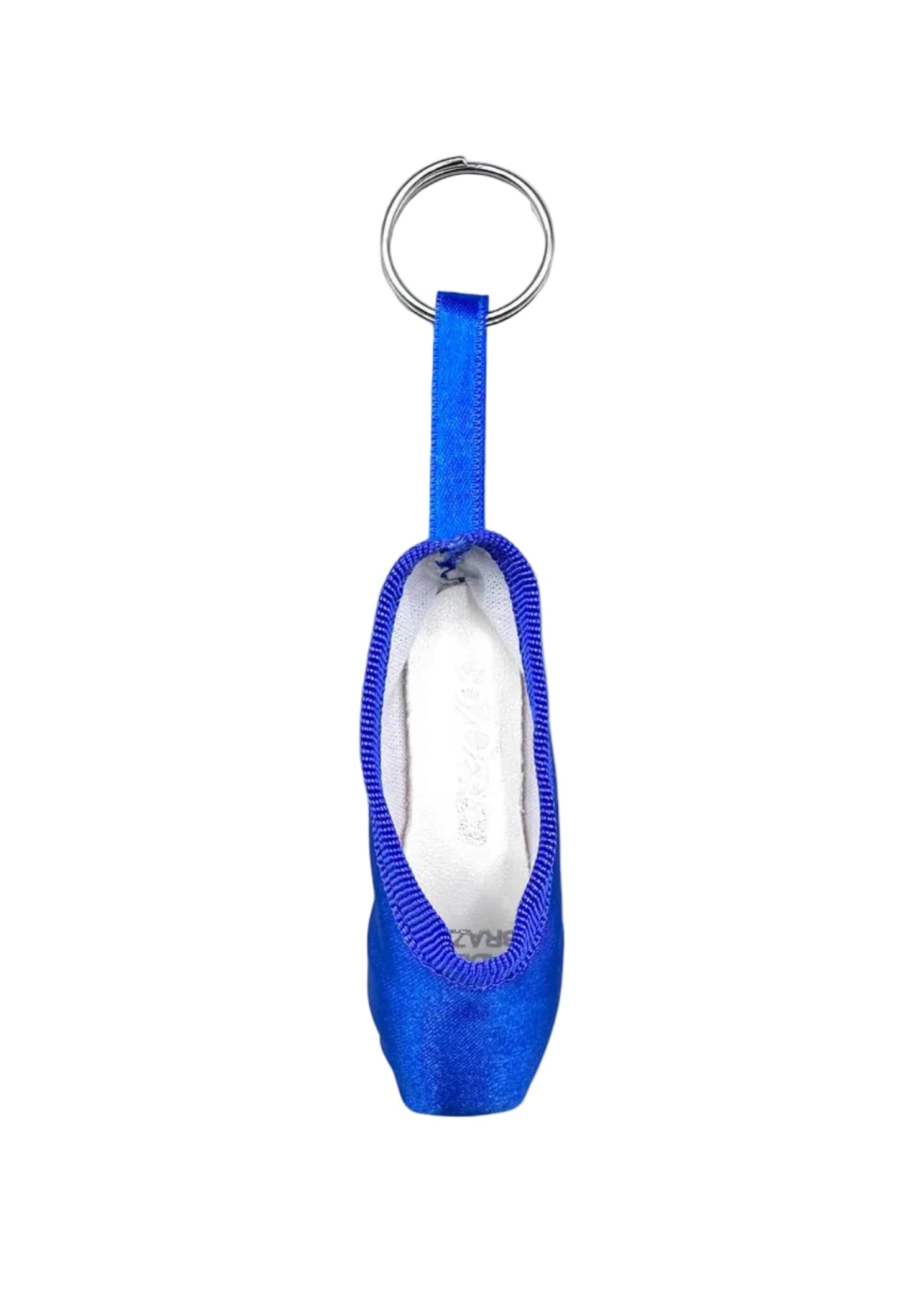 So Danca Satin Mini Pointe Shoe Keychain in Royal Blue, front view showing ribbon loop and metal key ring