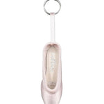 So Danca Satin Mini Pointe Shoe Keychain in SD Pink, front view showing ribbon loop and metal key ring