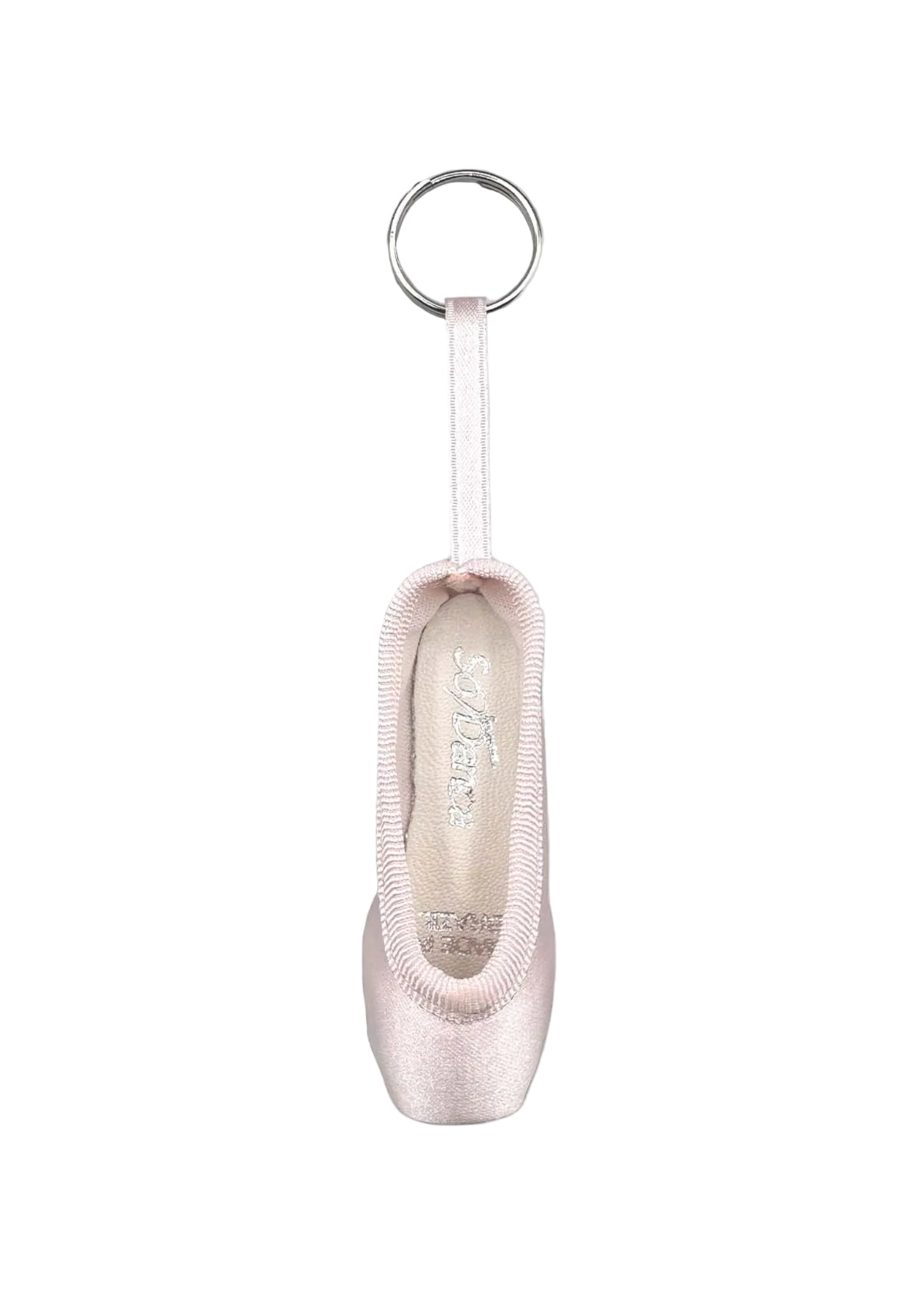 So Danca Satin Mini Pointe Shoe Keychain in SD Pink, front view showing ribbon loop and metal key ring
