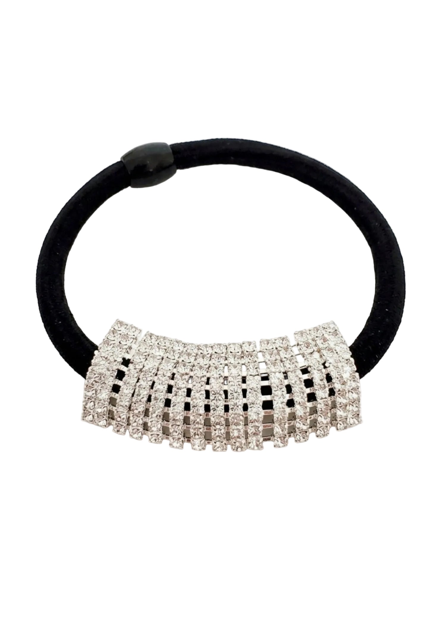 FH2 Rhinestone Ponytail Holder Mini, front view showing rhinestone pave panel on black elastic band