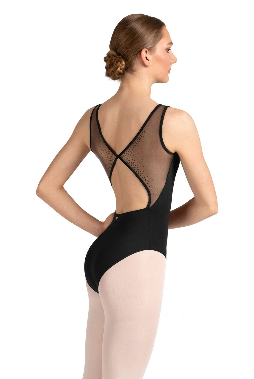 Mirella Celeste Boat Neck Leotard in Black, back closeup view showing textured dot mesh and back cutout