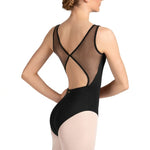 Mirella Celeste Boat Neck Leotard in Black, back closeup view showing textured dot mesh and back cutout