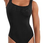 Mirella Floral Tank Leotard in Black, front detail view showing tonal floral embroidery and scoop neckline