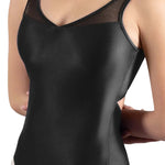 Mirella Glow Tank Leotard in Black, front closeup view showing sheer mesh straps and high-shine fabric