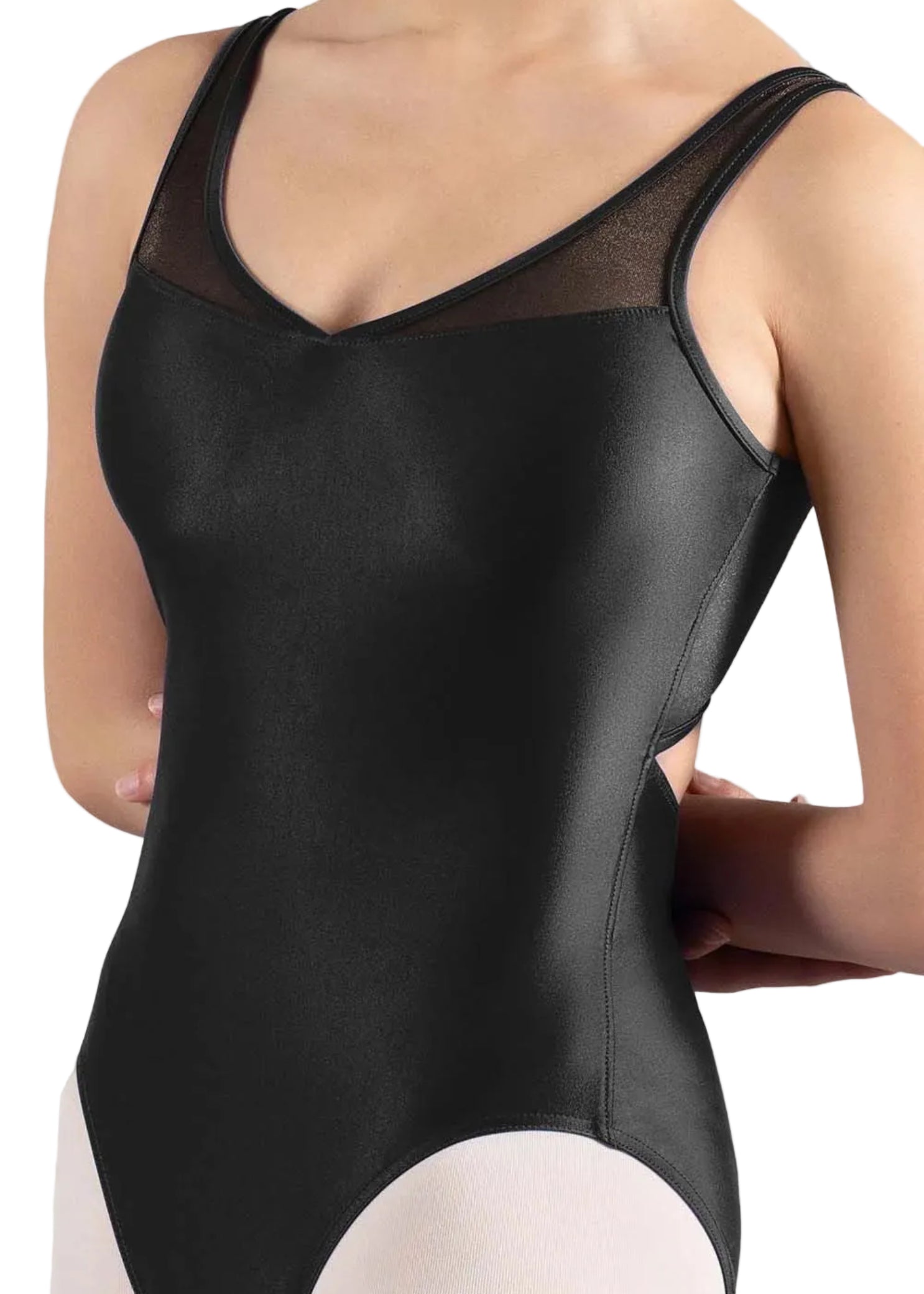 Mirella Glow Tank Leotard in Black, front closeup view showing sheer mesh straps and high-shine fabric