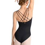Mirella Mesh Tank Leotard in Black, back closeup view showing six crisscross straps and small logo